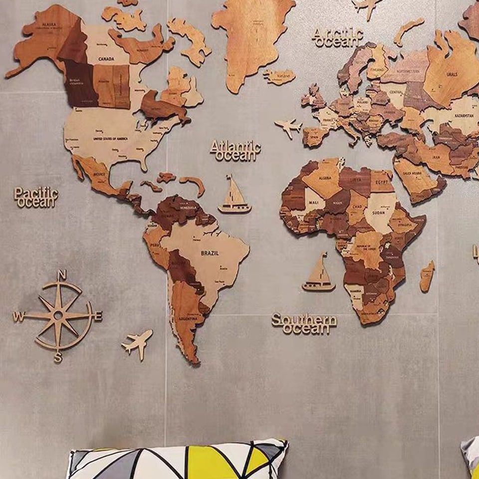 image 1 of 3D Wooden World Map Wall Decor Wall Art Home Office Travel Birthday Decoration