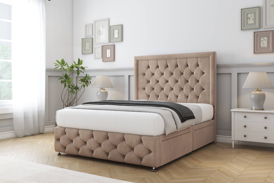 image 1 of Sloomy Vienna Mink Naples Divan Bed With Mattress 2 Drawers Footend With 54" Floor Standing Headboard & 12" Matching Footboard 6' Super King | Brown | Mink | Super King | 1
