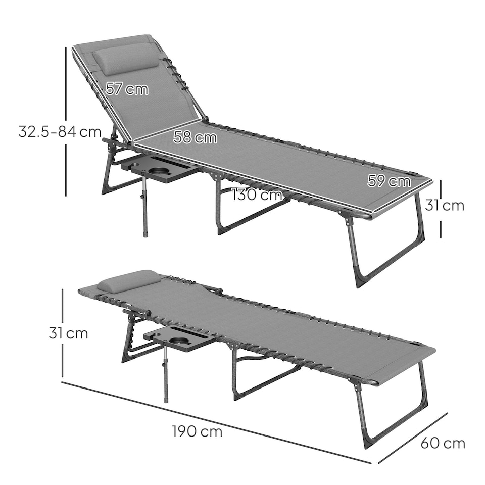 image 1 of Outsunny Folding Sun Lounger with 5-Level Reclining Back, Side Table, Beige