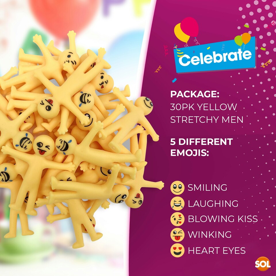 image 1 of SOL 30pk Yellow Stretchy Men Party Bag Fillers For Kids, Fun Flexible Stretchy