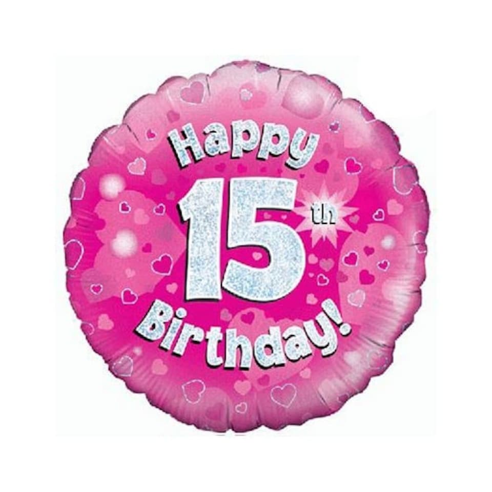 Pink Happy 15th Birthday Holographic Round Foil Helium Balloon 46cm / 18 in