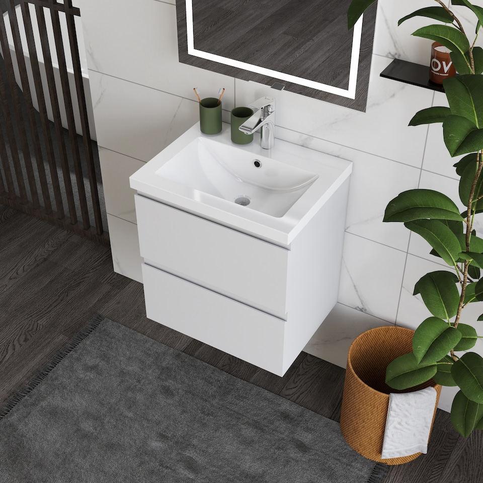 image 1 of AICA 500mm Wall Mounted Bathroom Vanity Unit With Ceramic Basin,2 Soft Close Drawers for Storage,White,Flat packed