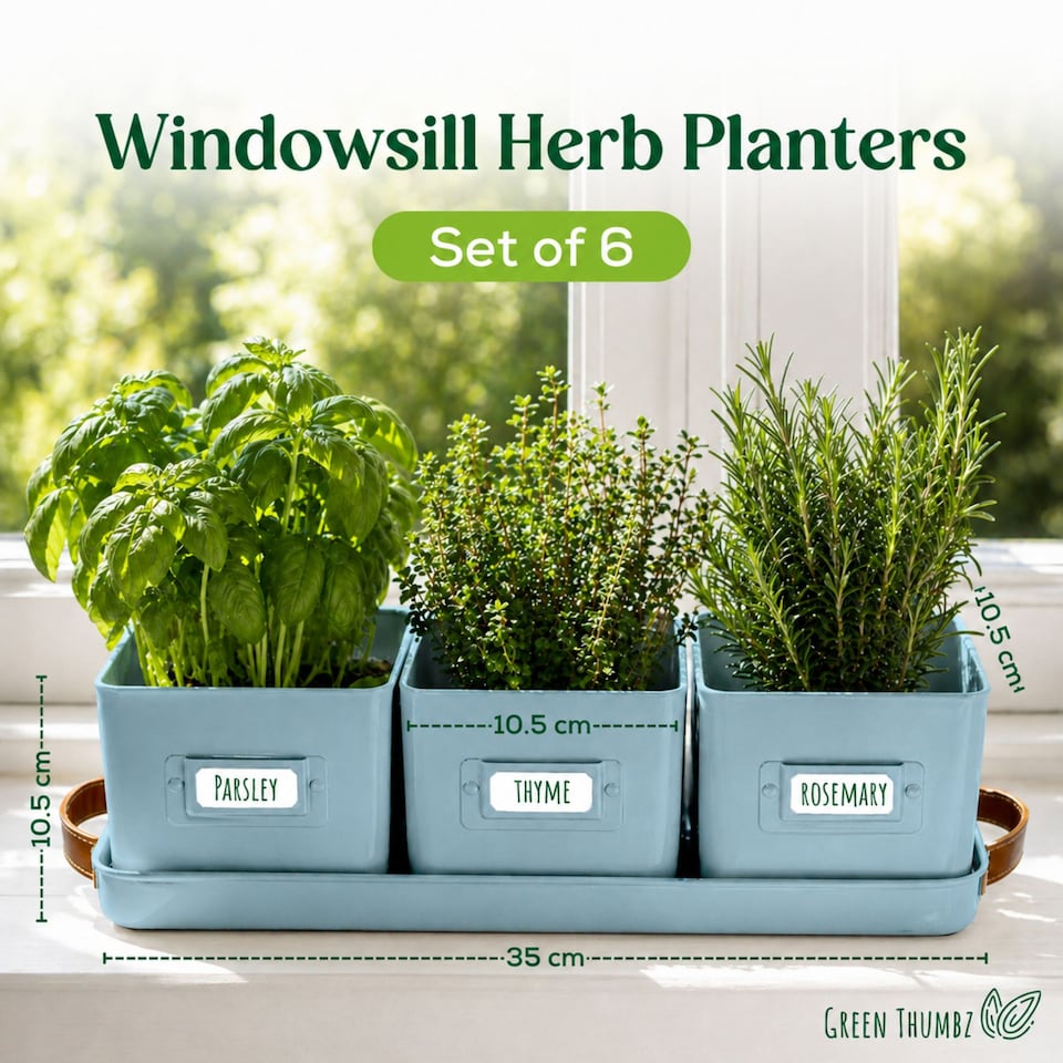 image 1 of Set of 6 Blue Indoor Herb Pots with Tray