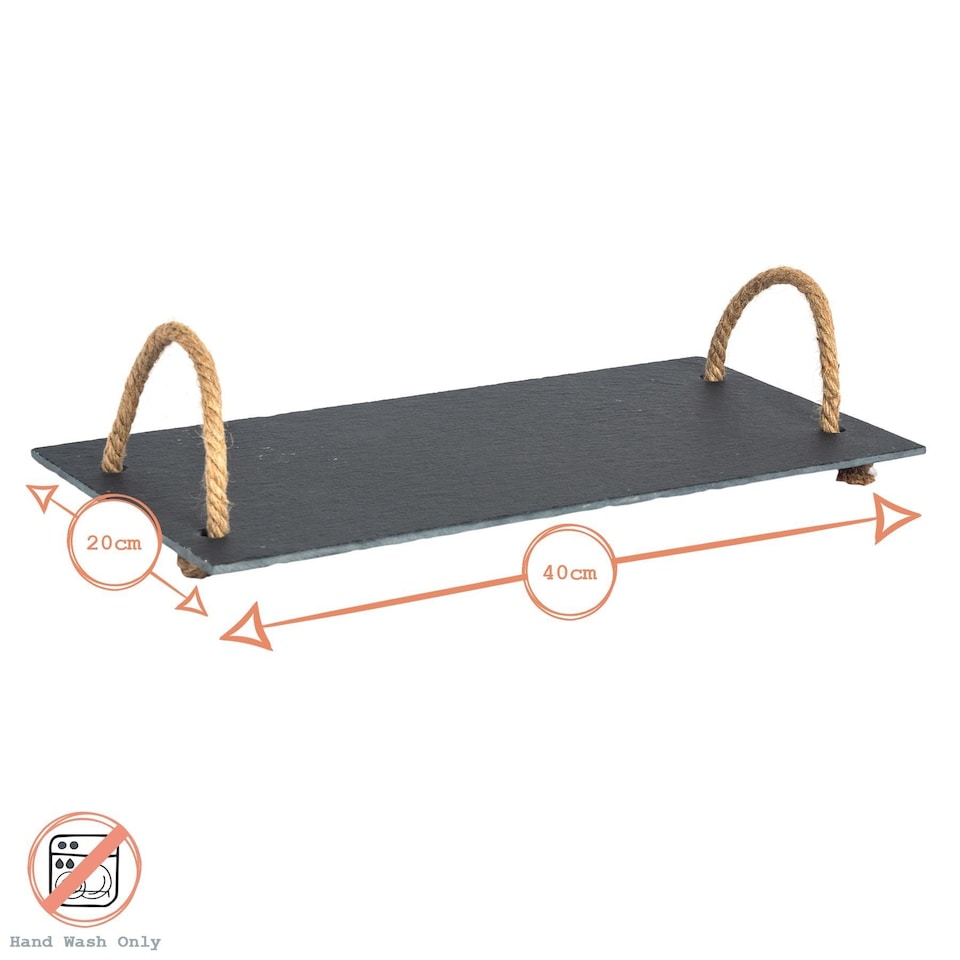 image 1 of Argon Tableware Serving Tray with Rope Handles - 40 x 20cm Natural Slate Serving Platter Tray Bread Cheese Board | Black | Black | One Size | 2