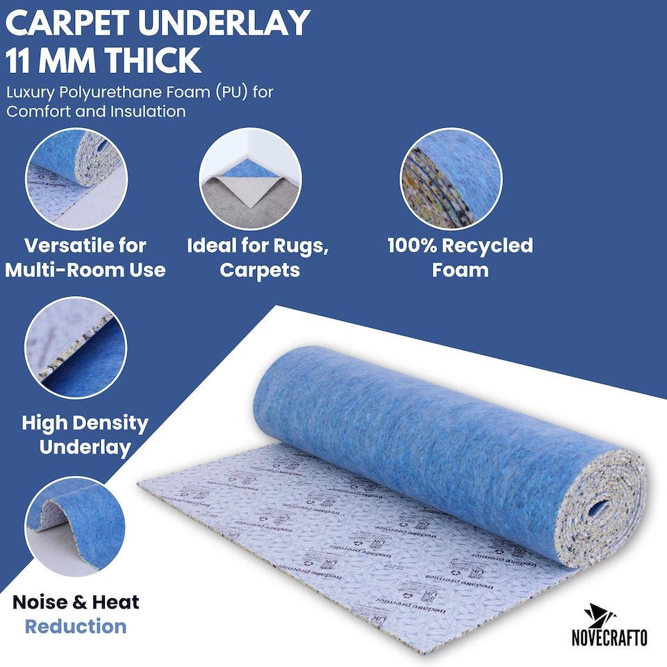 image 1 of NOVECRAFTO Carpet Underlay – 11mm Thick High-Density PU Foam Roll for Bedroom, Living Room & Stairs – Soft, Comfortable, Heat & Sound Insulating Blue | 5 sqm