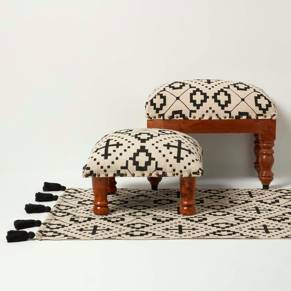 image 1 of Homescapes Reva Black Geometric Footstool - 40 x 40 x 25 cm