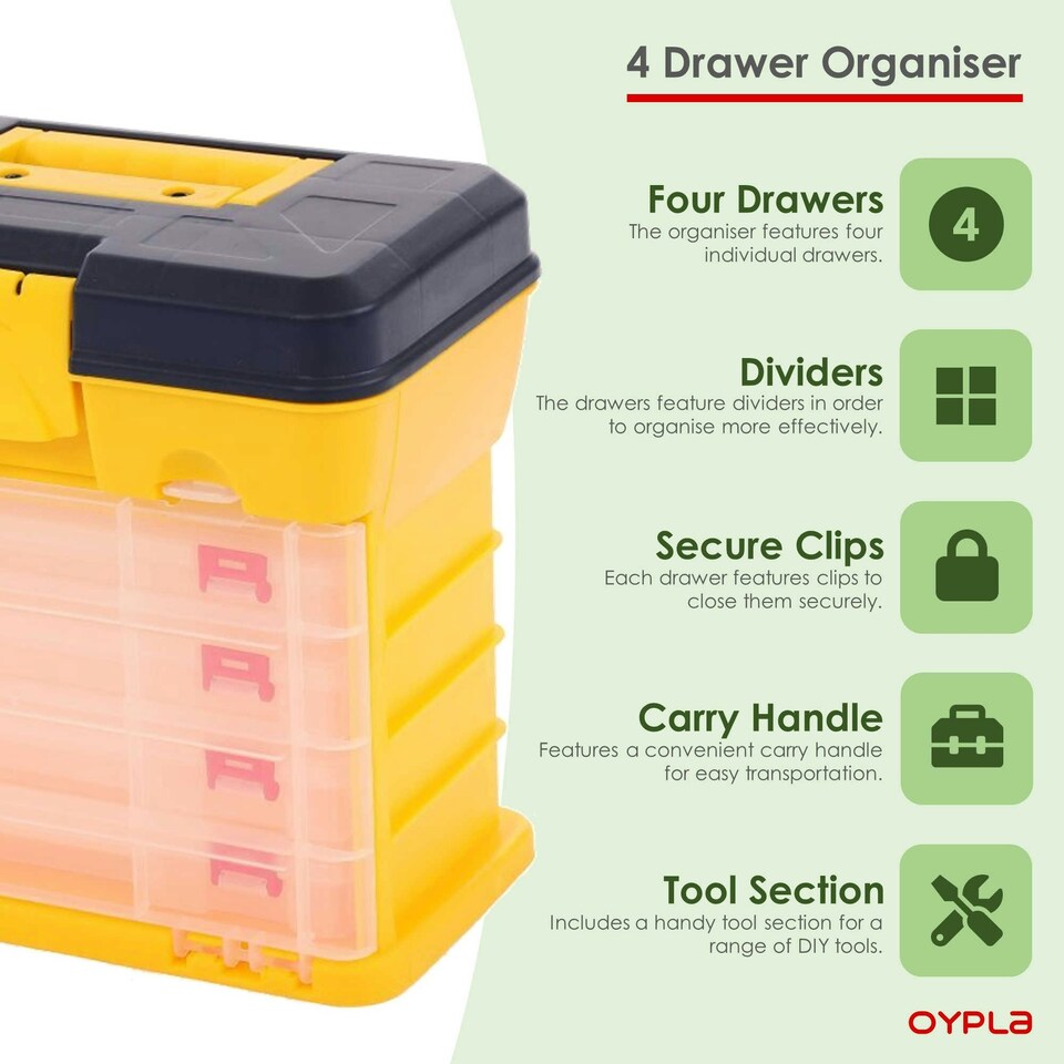 image 1 of Oypla 4 Drawer Storage Organiser Utility Tool Box Case Garage Shed Yellow