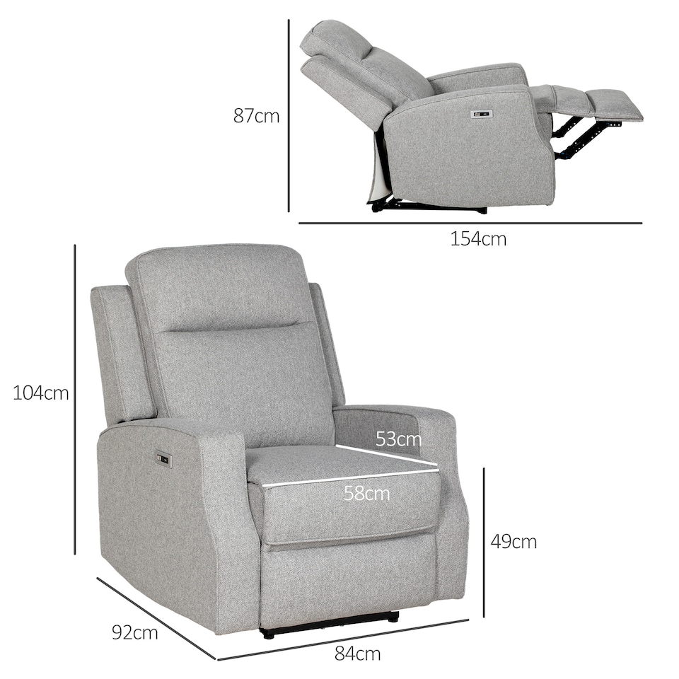 image 1 of HOMCOM Electric Fabric Recliner Armchair, Reclining Chair with Adjustable Leg Rest, USB Port, for Limited Space Home Living Room, Grey