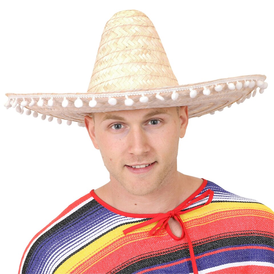 image 1 of Orange Mexican Sombrero – Fancy Dress Hat with Pom-Pom Trim N/A | 1
