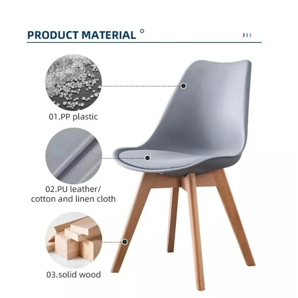 image 1 of Set of 6 Scandinavian Dining Chairs with Leather Cushions Solid Wood Legs Grey