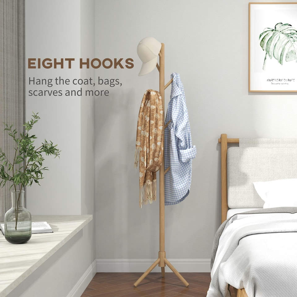image 1 of HOMCOM Coat Rack Bamboo Coat Stand with 8 Hooks for Handbags, Natural