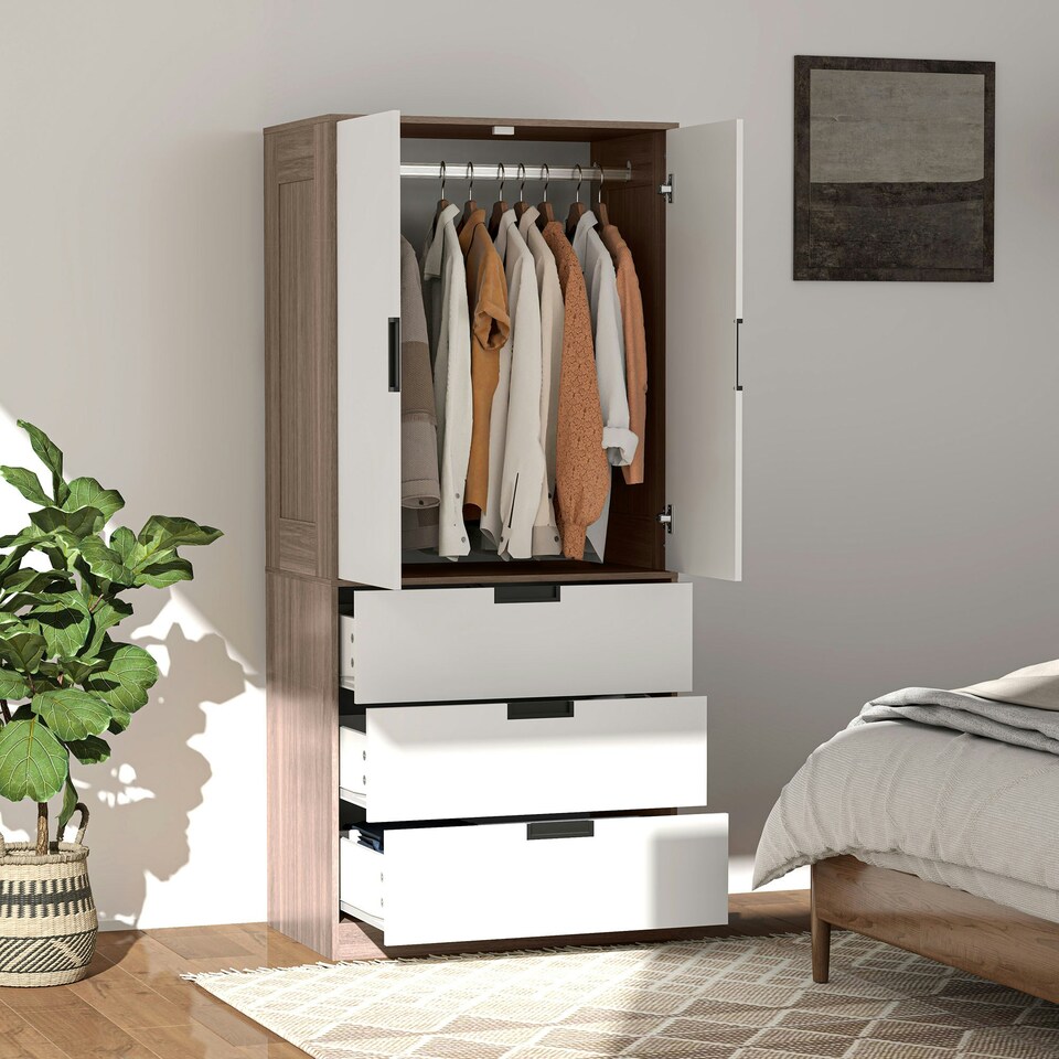 image 1 of HOMCOM 2 Door Wardrobe Brown Wardrobe with 3 Drawer and Hanging Rod Brown