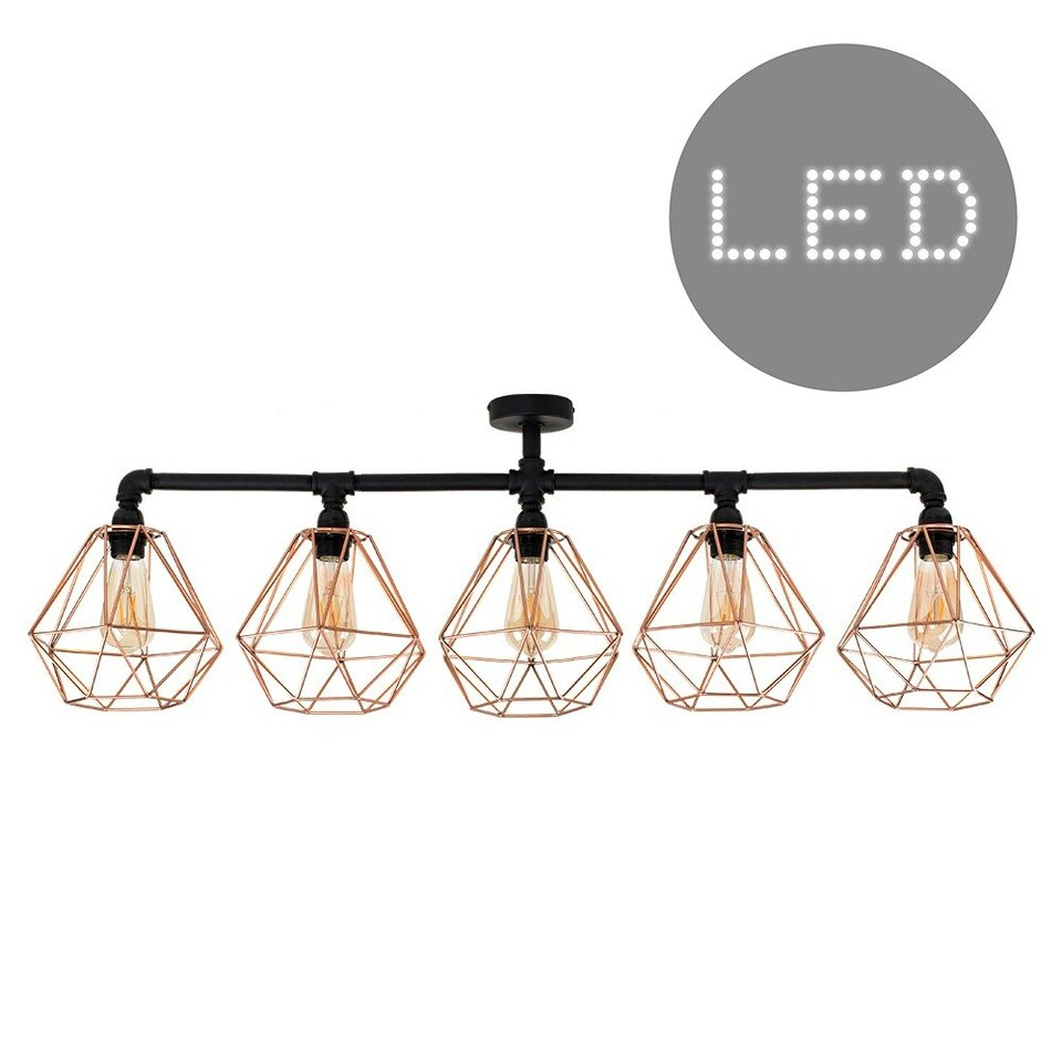 image 1 of ValueLights Luiggi Matte Black Semi-Flush Light with Copper Tapered Shade and E27 Pear LED 4W Warm White 2700K Bulb