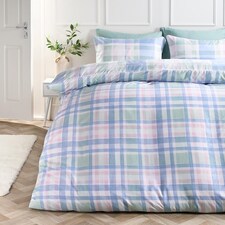 OHS Watercolour Check Reversible Microfibre Duvet Cover Bedding Set | Blue | Double