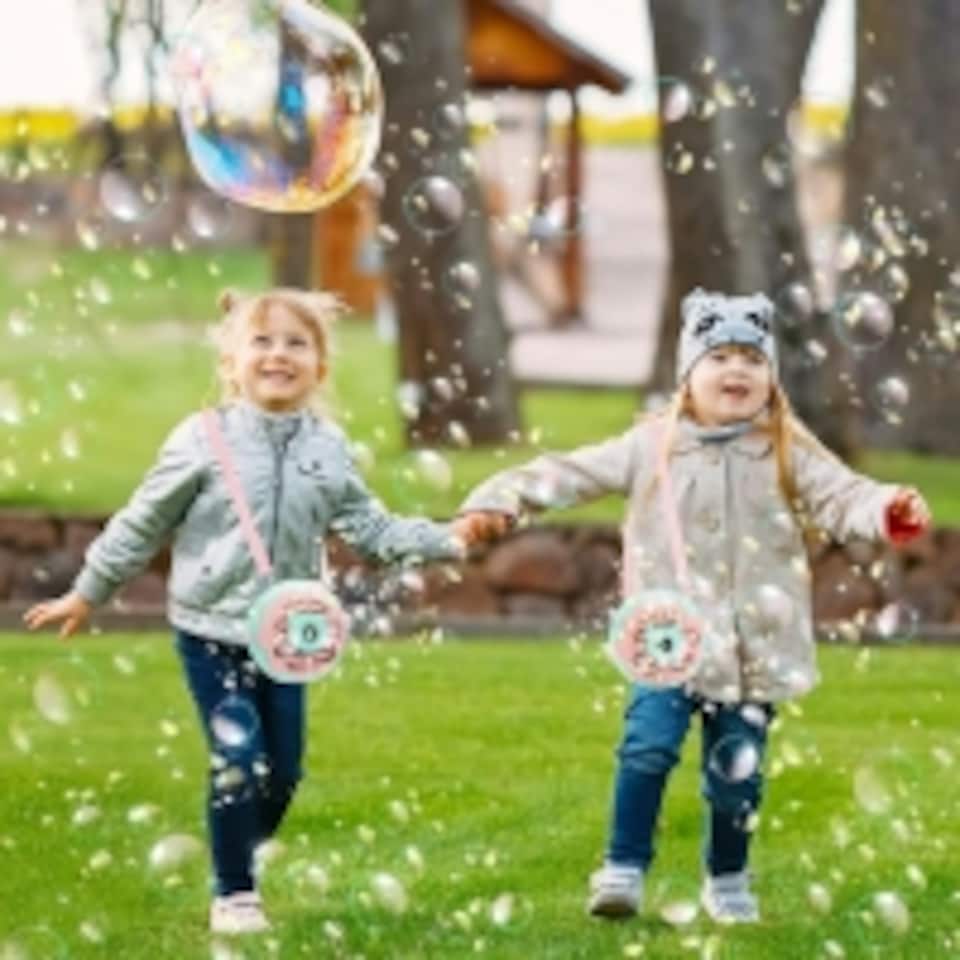 image 1 of Donut Bubble Camera for Kids - Automatic Bubble Gun with Lights and Music – Fun Outdoor Bubble Machine for Birthdays and Parties (Green/Pink)