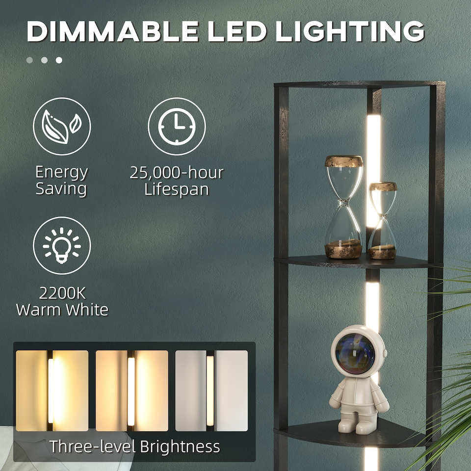 image 1 of HOMCOM LED Floor Lamp with Shelves, 5Tier Dimmable Standing Lamp with Adjustable Brightness and Foot Switch, Modern Corner Display FanShaped Shelf Unit for Living Room Bedroom Office, Black