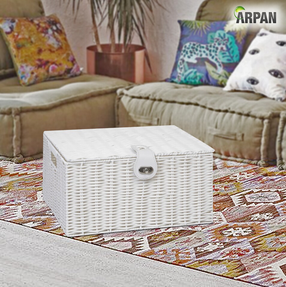 image 1 of Resin Woven Storage Basket with Lid & Strap Lock – White Hand Woven Storage Box on Metal Frame with Handles – Multipurpose Storage Basket for Bedroom, Bathroom, Nursery & Utility Room