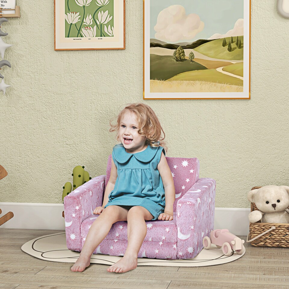 image 1 of AIYAPLAY Kids Sofa Bed, Folding Toddler Armchair, Glow in The Dark Star Moon | Pink | One Size