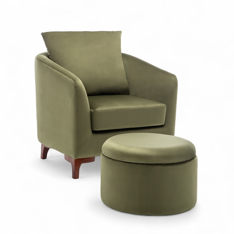 image 1 of Velvet Sage Green Angela Accent Tub Chair with Ottoman
