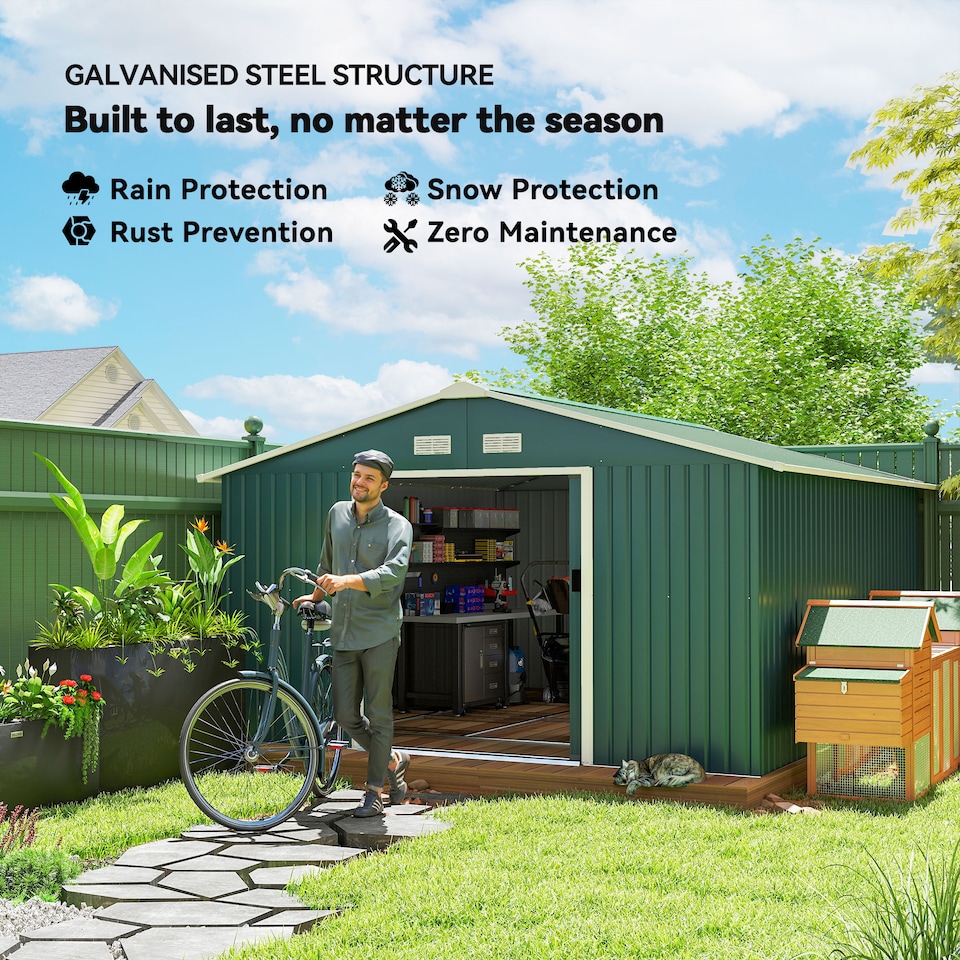 image 1 of Outsunny 13 x 11ft Garden Shed Storage with Foundation Kit and Vents, Green | Green
