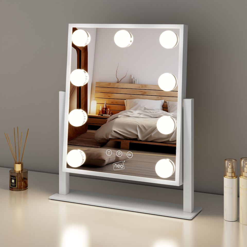 image 1 of Neo Hollywood Vanity Touch Mirror with 9 LED Bulbs Lights Makeup Lighted 360° Rotation 3 Colour Dimmable Lighting Modes
