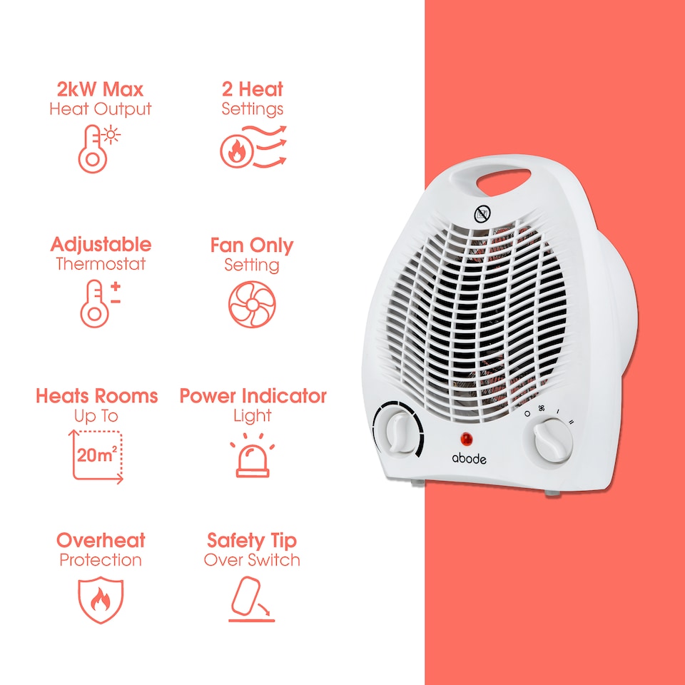 image 1 of Abode AFH1002 Electric Heater White 2000W Cooling Fan Mode with 2 Heat Settings