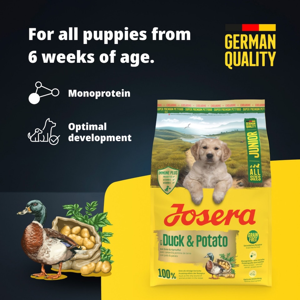 image 1 of Josera Junior Duck & Potato complete dog food | All puppy sizes | Single meat protein | Grain-free | Immune Plus | Salmon oil | Joint support | 5x0.9kg
