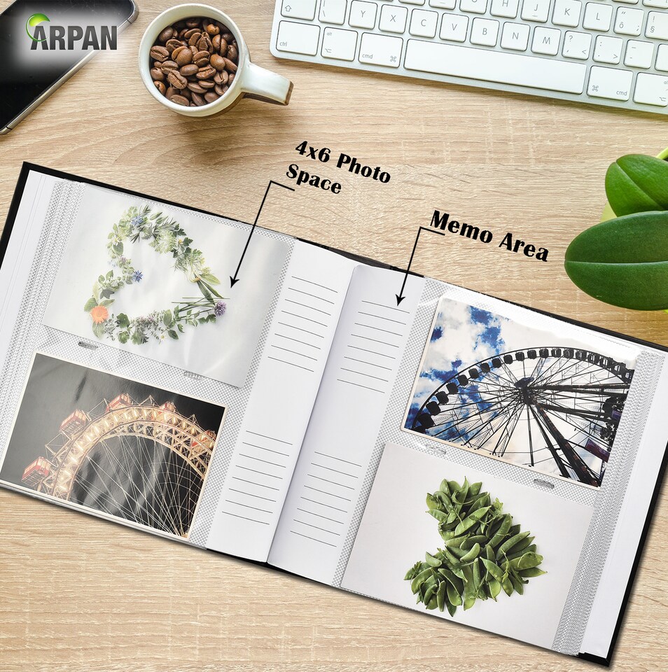 image 1 of ARPAN Slip In Case Book-Bound Memo Photo Album – Holds 200 Photos 6" x 4" (10x15cm) – Hardcover Memory Album with Writing Space for Family, Wedding & Travel Pictures