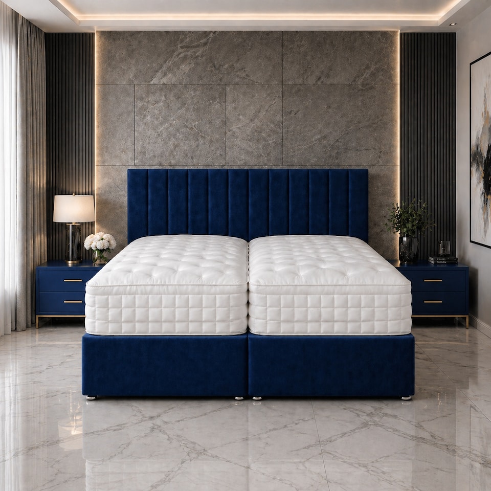 image 1 of 5ft Kingsize Zip Link 6x3 Length Blue Plush Divan Bed Full Set No Drawers