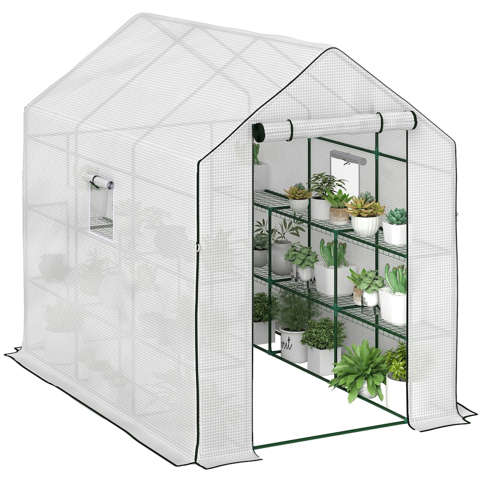 image 1 of Outsunny Walk-in Outdoor Green House with Door and Mesh Windows, White