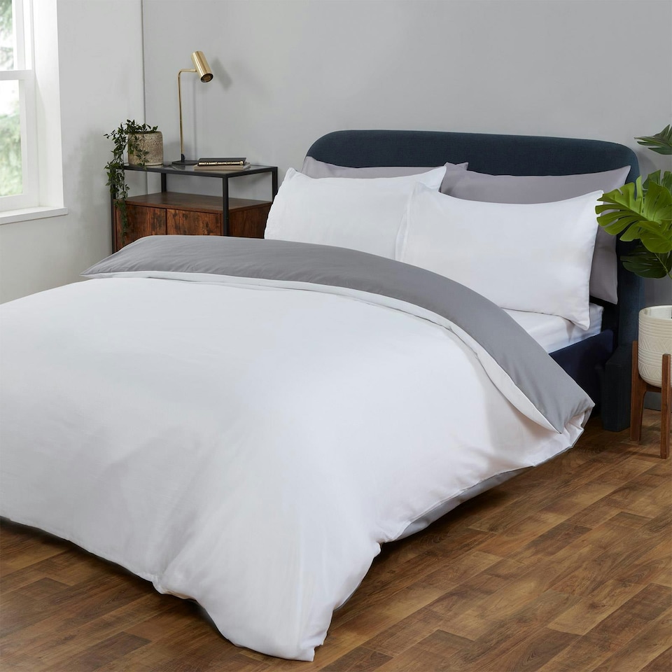 image 1 of OHS Plain Reversible Soft Microfibre Duvet Cover and Pillowcase Set, Single - Grey/White