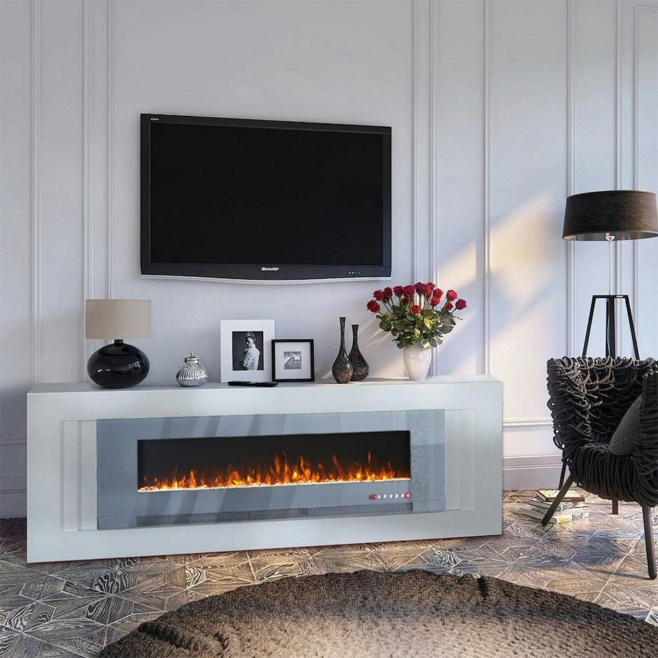 image 1 of Living and Home 72 Inch Electric Fireplace- Recessed/Wall-mounted with Remote and Touch Screen,1800W,Grey