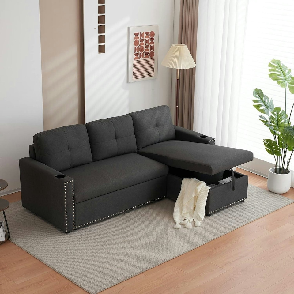 image 1 of Sofabed 3 Seater Reversible Sectional Sofa Sleeper Set with Storage Chaise, Built-in Cupholder, Decorative Rivets, Pull-out Bed, and Dark Grey Fabric Grey