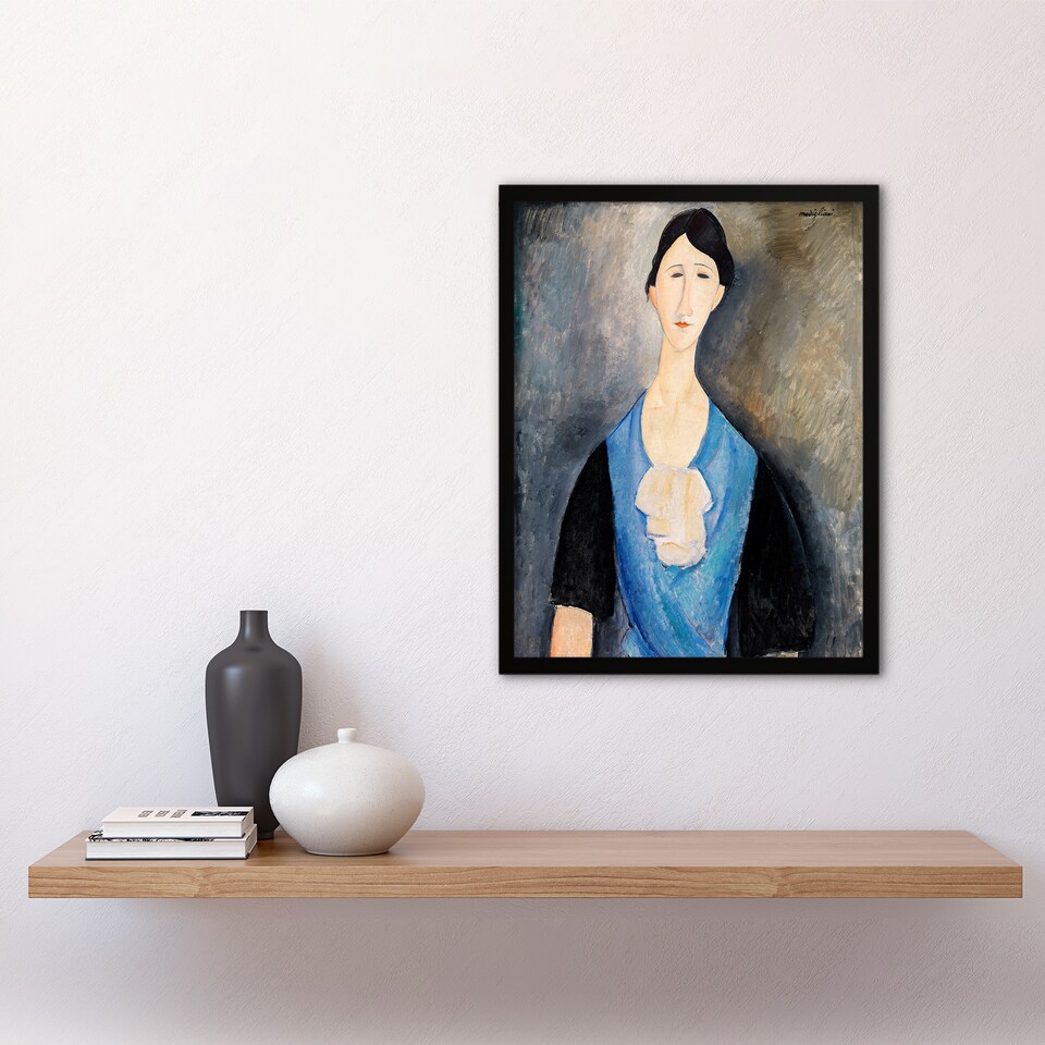 image 1 of Young Woman in Blue Portrait Modigliani Vintage Framed Wall Art Print 12X16"
