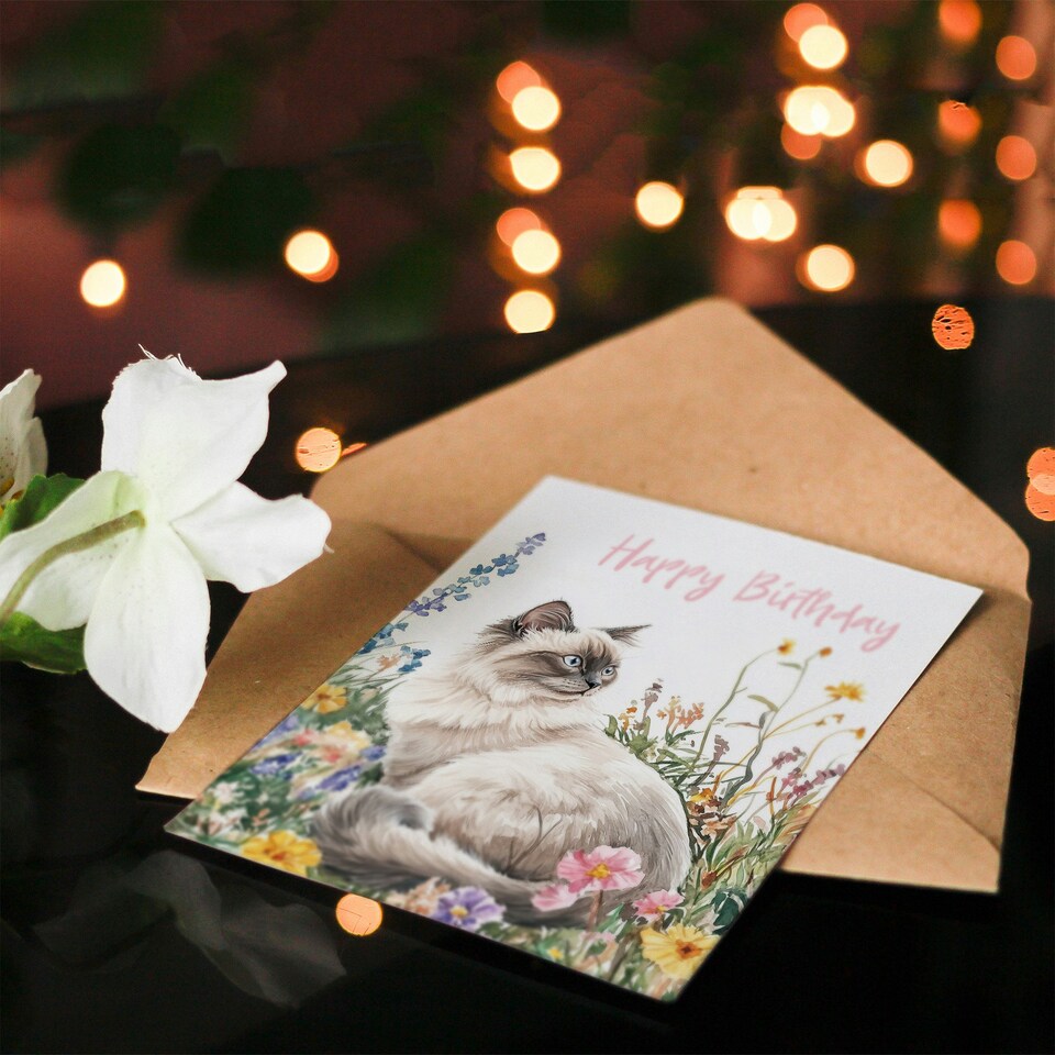 Thank You Greeting Card Ragdoll Cat Lover Pet And Wildflowers