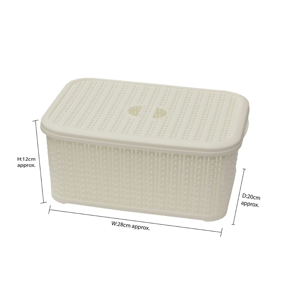 image 1 of JVL Knit Loop Plastic Lidded Rectangular Storage Basket with Handles, 6L - White White