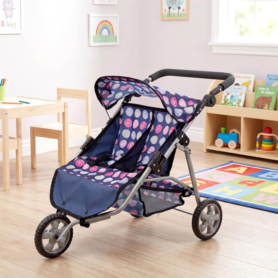 image 1 of BiBi Doll 3 Wheeler Twin Dolls Blue Pushchair Toy with Canopy & Basket For Up To 20" Dolls