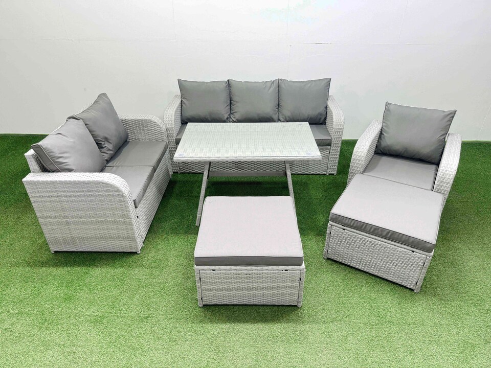 image 1 of Fimous Rattan High Back Lounge Sofa Set Patio Dining Table & Chairs Set with 3 Seater Sofa Reclining Chair 2 Big Stool Light Grey