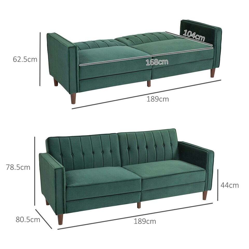 image 1 of HOMCOM Convertible Sofa Futon Velvet-Touch Tufted Couch Sofa Bed Green