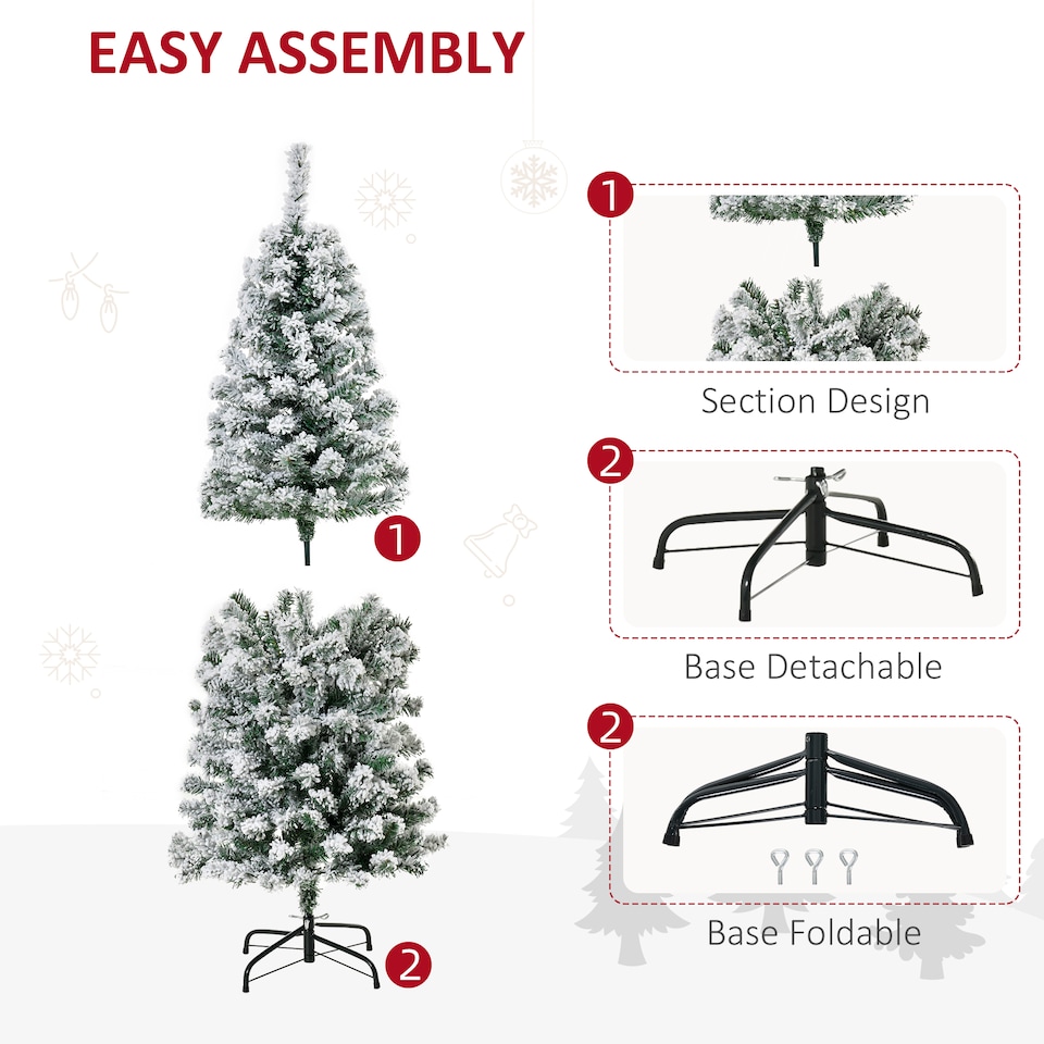 image 1 of HOMCOM 5FT Prelit Artificial Snow Flocked Christmas Tree with Warm White LED Light, Holiday Home Xmas Decoration, Green White