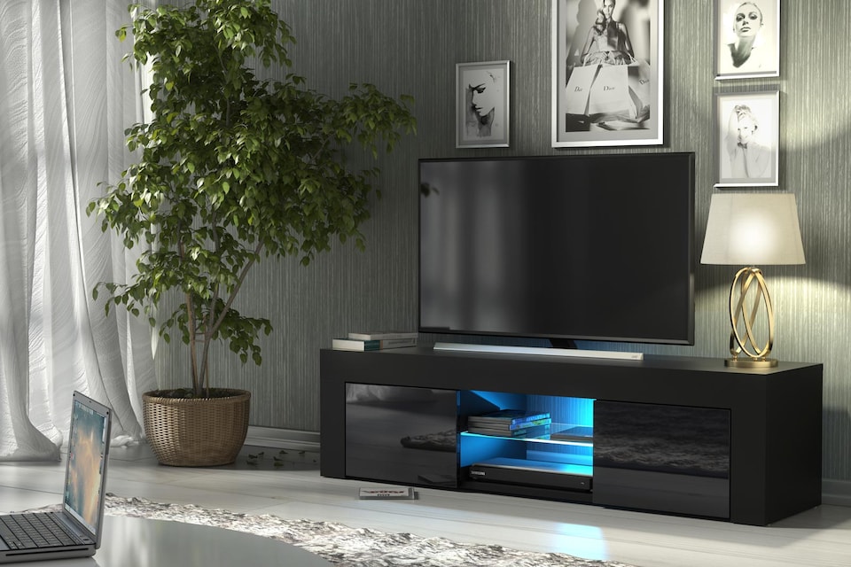 image 1 of TV Unit TV Stand Cabinet Sideboard Black High Gloss Doors Free LED 130cm
