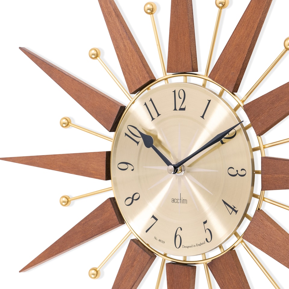 image 1 of Acctim Wolcott Large Wall Clock Sunburst Quartz Mid-century Metal & Wooden Spoke Dark Wood 50cm