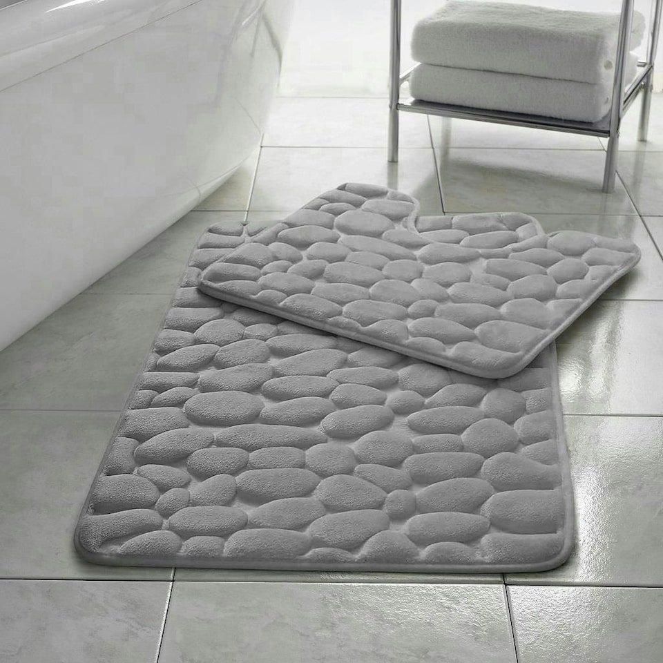 image 1 of Memory Foam Pebbles Bath Mat Set Silver