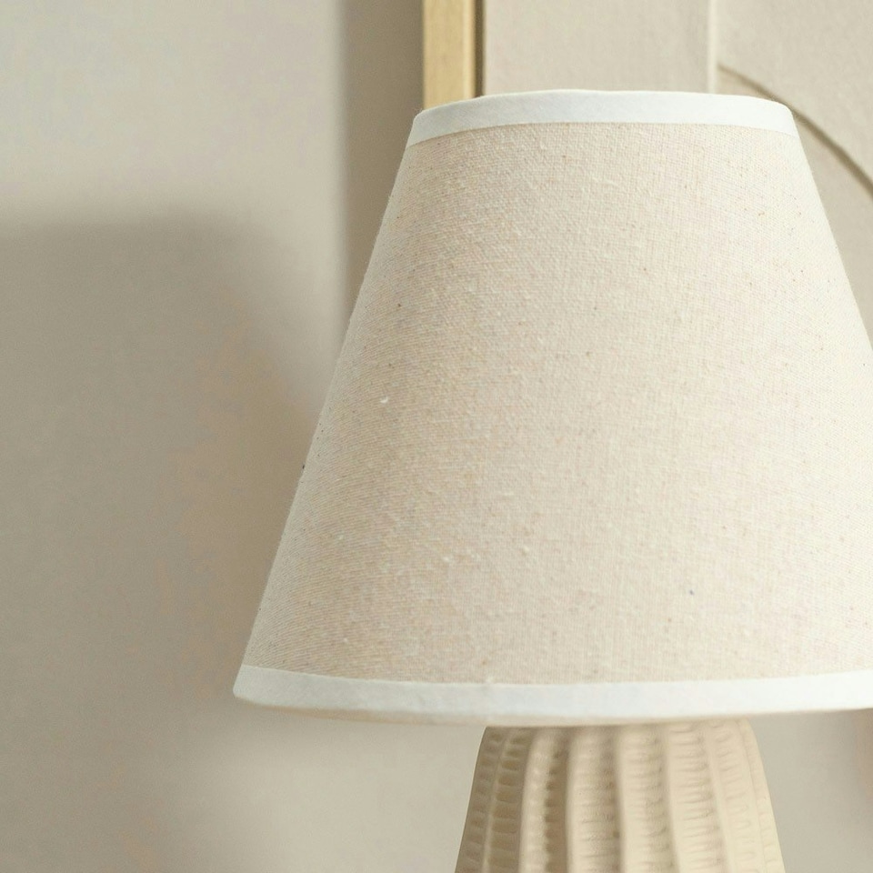 image 1 of ValueLights Saskia Pair of - Natural Ceramic Textured Base Bedside Table Lamp with Linen Tapered Shade