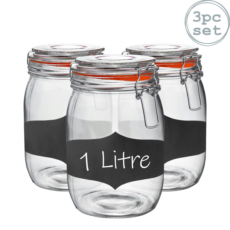 image 1 of Argon Tableware Glass Storage Jars with Labels - 1 Litre - Orange Seal - Pack of 3
