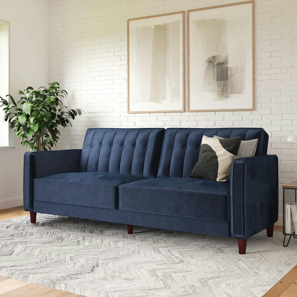 image 1 of Pin tufted transitional Sofa Bed velvet blue Blue | BLUE