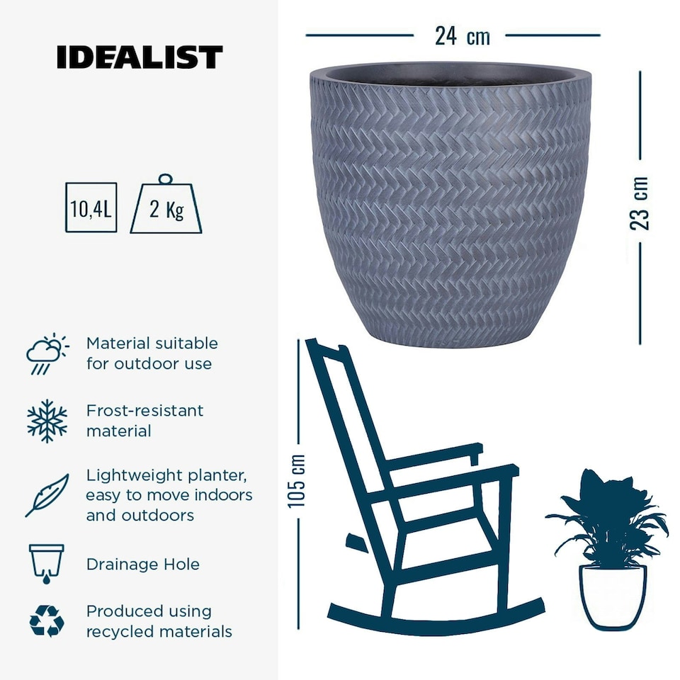 image 1 of Plaited Style Grey Round Garden Planter, Outdoor Plant Pot D24 H23 cm, 10.4 ltrs Cap.