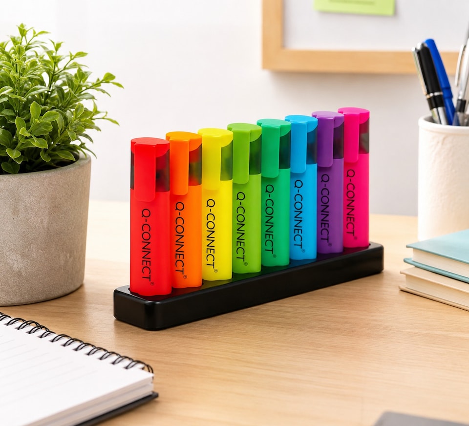 image 1 of Q-Connect Neon Highlighter Desk Set Assorted Chisel Tip with Desktop Holder Pack of 8