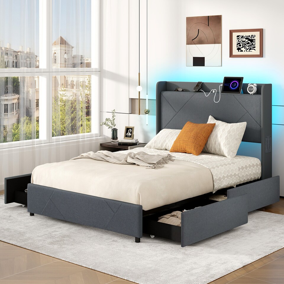 image 1 of COSTWAY Double Size Bed Frame with Lights and Charging Grey