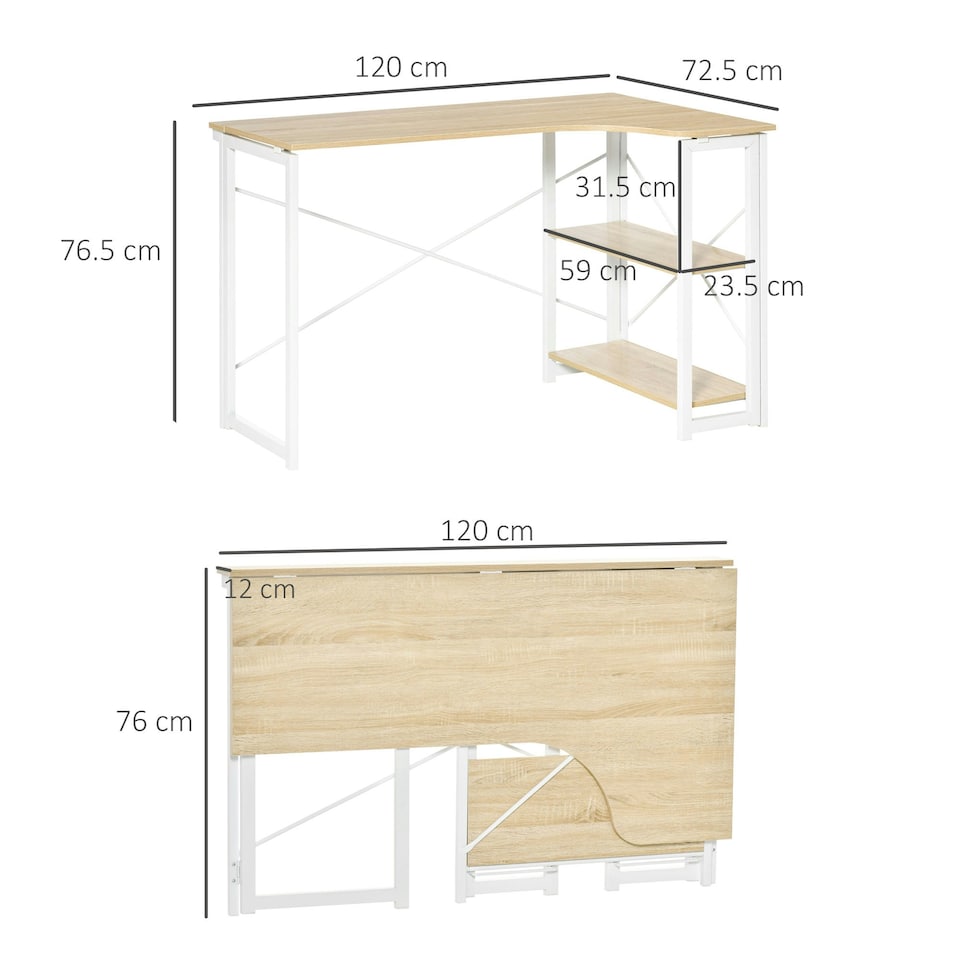 image 1 of HOMCOM L-Shape Folding Computer Desk Study Workstation with 2 Shelves Oak Tone